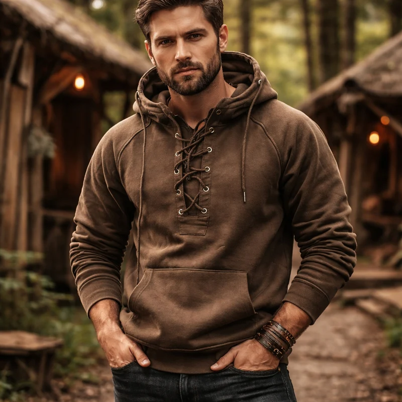 Hoodie Heren Viking Stijl Capuchon Veter Sluiting